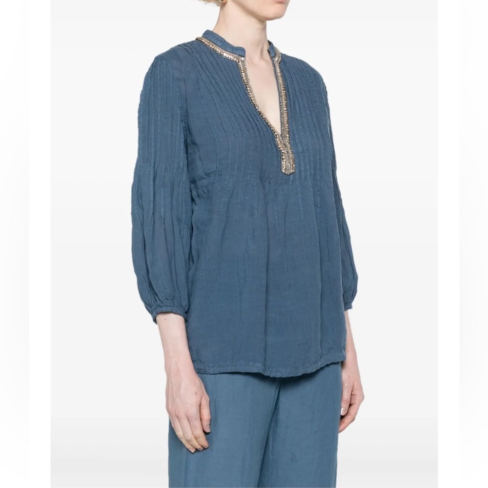 120%‎ Lino Navy Beaded Linen Blouse Split Neck US 8 - Picture 11 of 14